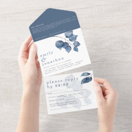 Moderne Watercolor Blue Blätter Hochzeit All In One Einladung