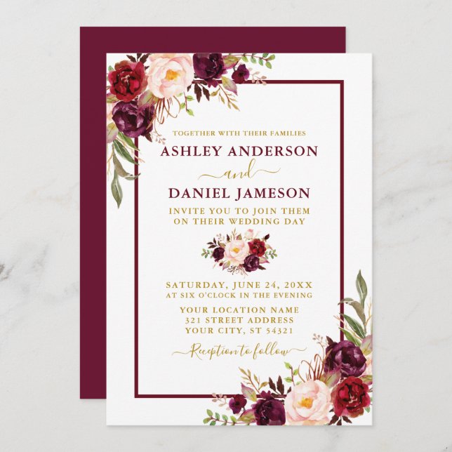 Moderne Watercolor Burgundy Floral Wedding Gold Einladung (Vorne/Hinten)