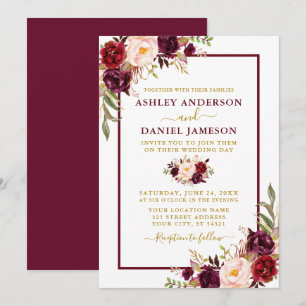 Moderne Watercolor Burgundy Floral Wedding Gold Einladung