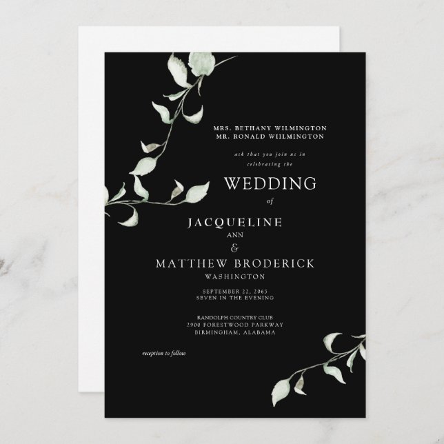 Moderne Watercolor Foliage Black Wedding Einladung (Vorne/Hinten)