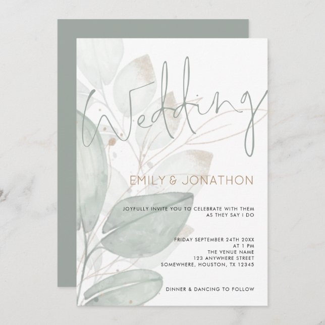 Moderne Watercolor Foliage Wedding Einladung (Vorne/Hinten)