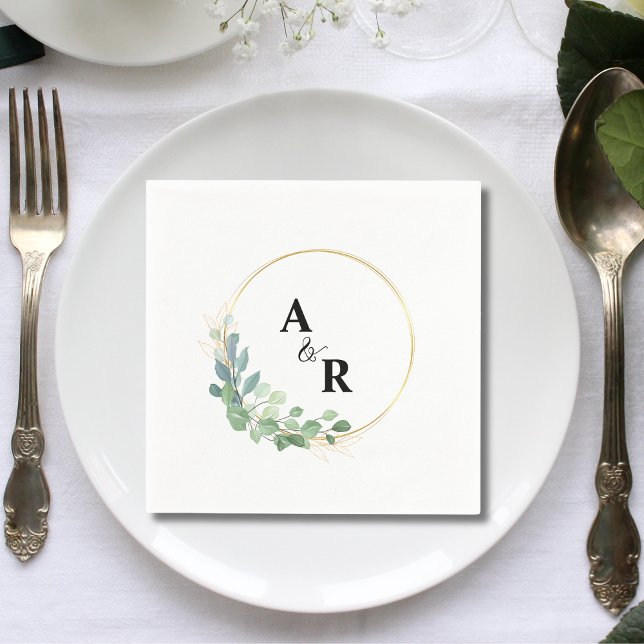 Moderne Watercolor Greenery Couple Monogram Weddin Serviette (Modern watercolor greenery couple monogram wedding napkins add soft elegant charm to receptions.)