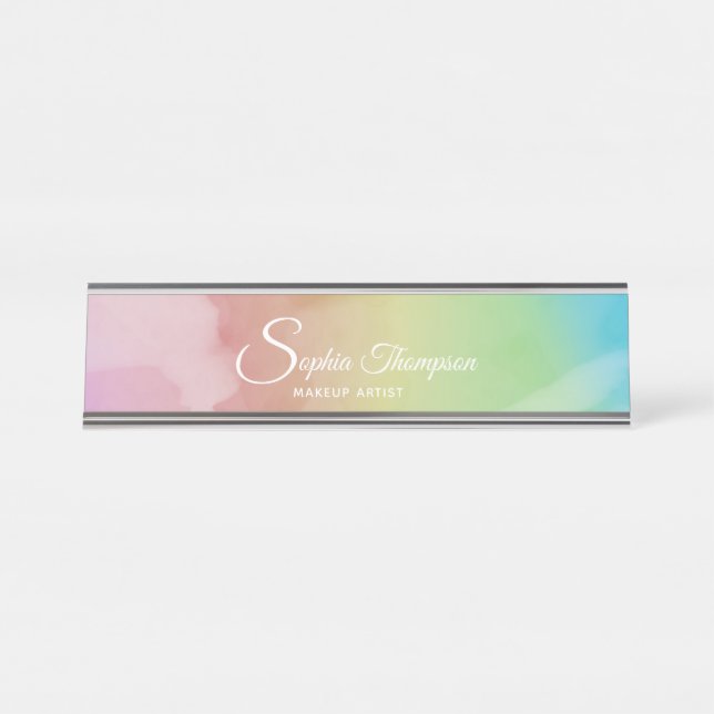 Moderne Watercolor Script Rainbow Pastel Namenspla Schreibtischnamensplakette (Vorderseite )