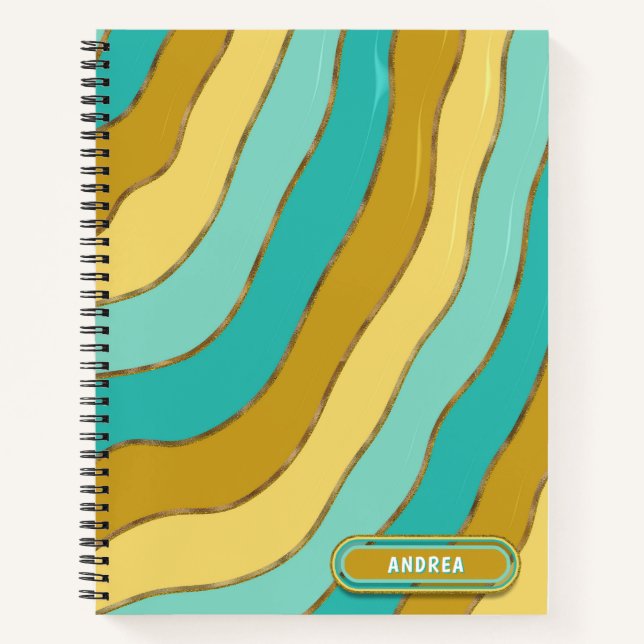 Moderne Wave Stripes Blue Yellow Tones Gold Glitze Notizbuch (Vorderseite)