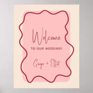 Moderne Wavy Frame Magenta Rosa Hochzeit Willkomme Poster