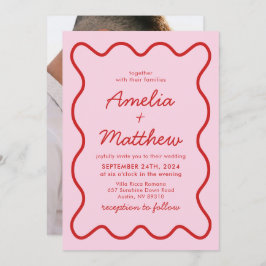 Moderne Wavy Pink und Red Retro Squiggle Wedding Einladung