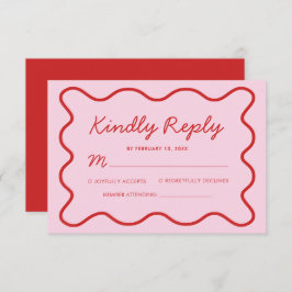 Moderne Wavy Pink und Red Retro Squiggle Wedding RSVP Karte