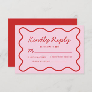Moderne Wavy Pink und Red Retro Squiggle Wedding RSVP Karte