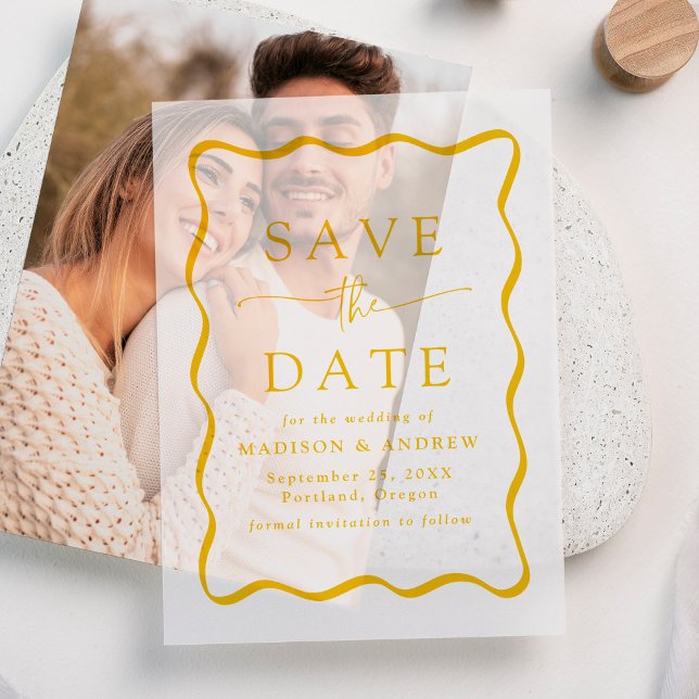 Moderne Wavy Yellow Frame Wedding Save the Date (Von Creator hochgeladen)