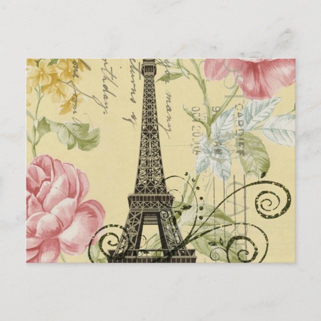 Moderne weibliche florale Vintage Paris Eiffelturm Postkarte (Vorderseite)