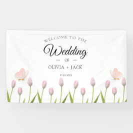 Moderne, weiche rosa Blüten und Schmetterlinge Som Banner