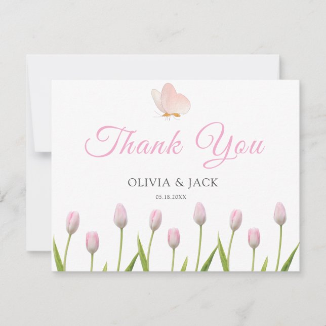 Moderne, weiche rosa Blüten und Schmetterlinge Som Dankeskarte (Vorderseite)