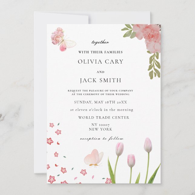 Moderne, weiche rosa Blüten und Schmetterlinge Som Einladung (Vorderseite)