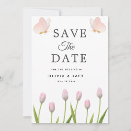 Moderne, weiche rosa Blüten und Schmetterlinge Som Save The Date