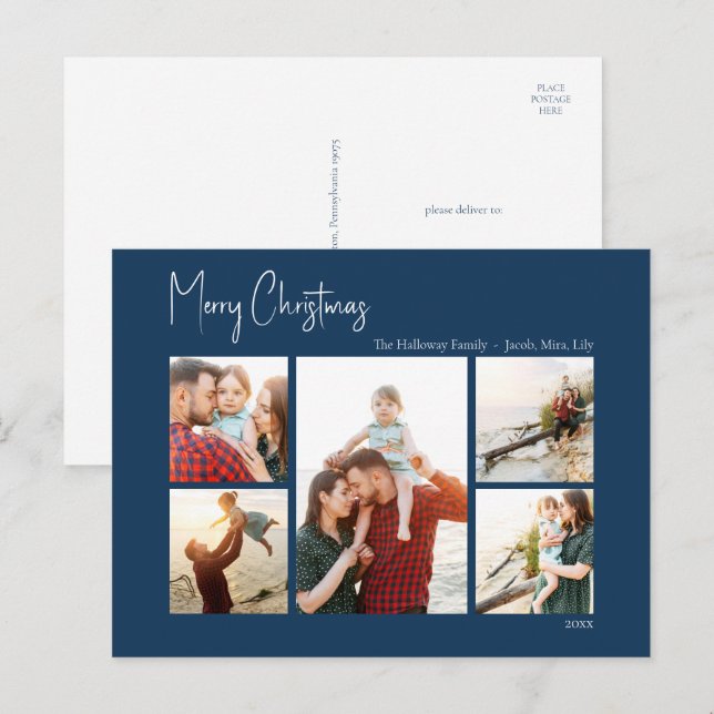 Moderne Weihnachten | Blaues Skript mit fünf Fotos (Vorne/Hinten)