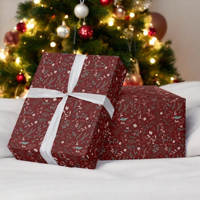 Moderne Weihnachten Blumengrün chic Muster Geschenkpapier (Modern Christmas floral red green chic pattern Wrapping Paper)