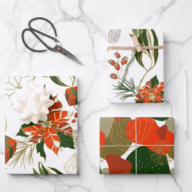Moderne Weihnachten Florals Grüne Geschenkpapier Set (Vorderseite)