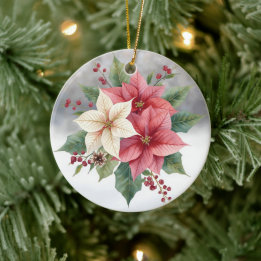 Moderne Weihnachten Poinsettia Rosa und Weiß Keramik Ornament