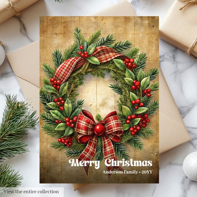 Moderne Weihnachten rustikaler traditioneller Kief (Modern Christmas rustic traditional pine wreath Holiday Card)