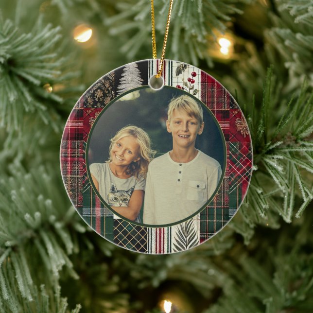 Moderne Weihnachten Rustikales Kariertes Foto Keramik Ornament (Baum)