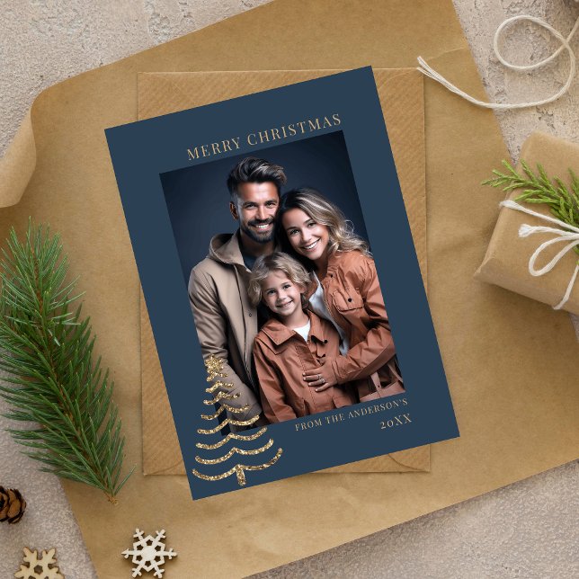 Moderne Weihnachten Stilvolle Minimalistische Foto (simple blue and gold photo christmas card fully editable , modern simple , message template )