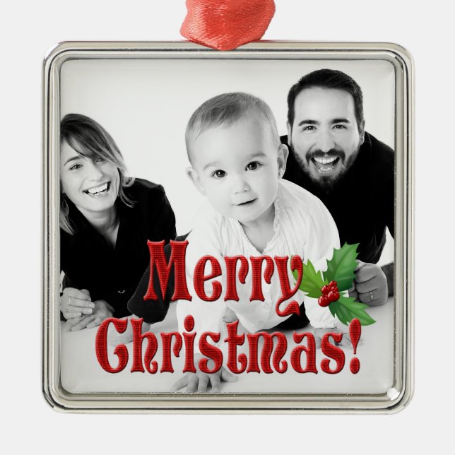Moderne Weihnachten und Holly Custom Foto Ornament Aus Metall (Vorne)