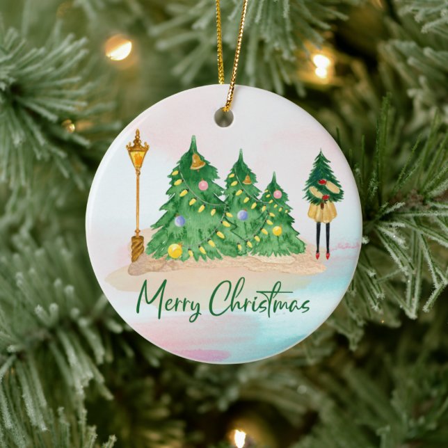 Moderne Weihnachten Wasserfarbene Grüne Bäume Keramik Ornament (Baum)