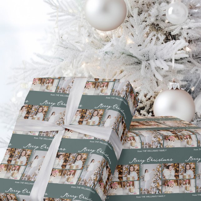 Moderne Weihnachts-Fotocollage Grau-Grün Geschenkpapier (Von Creator hochgeladen)