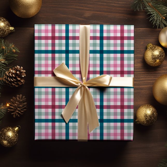 Moderne Weihnachts Gingham Gift Wrap Geschenkpapier (Modern Gingham Christmas wrapping paper in pink magenta and teal blue great for winter holiday gift )