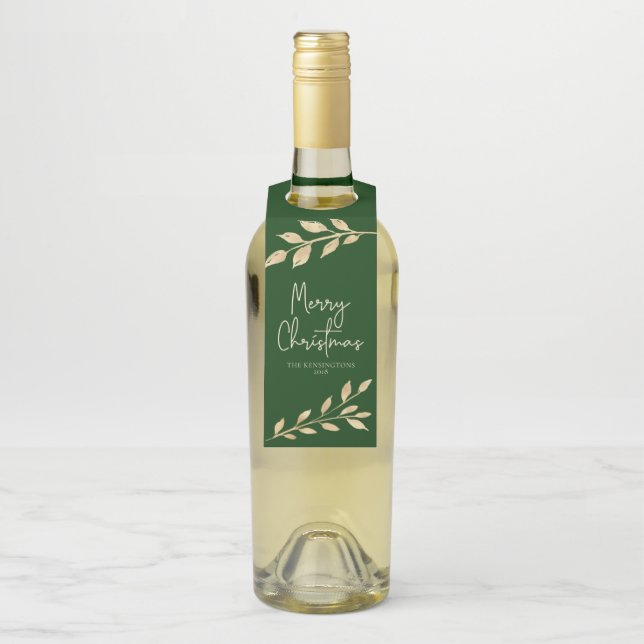 Moderne Weihnachts-Gold-Blätter auf Forest Green Flaschenanhänger (Auf Flasche)