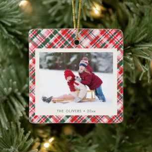Moderne Weihnachts-Plaid-Pink-Rot-Grün-Hübsche-Fot Keramikornament