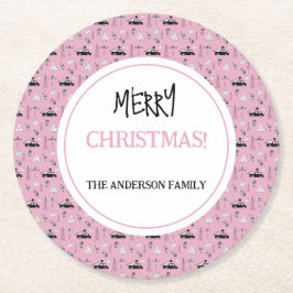 Moderne Weihnachts Schwarz-Weiß-Muster auf Rosa Runder Pappuntersetzer