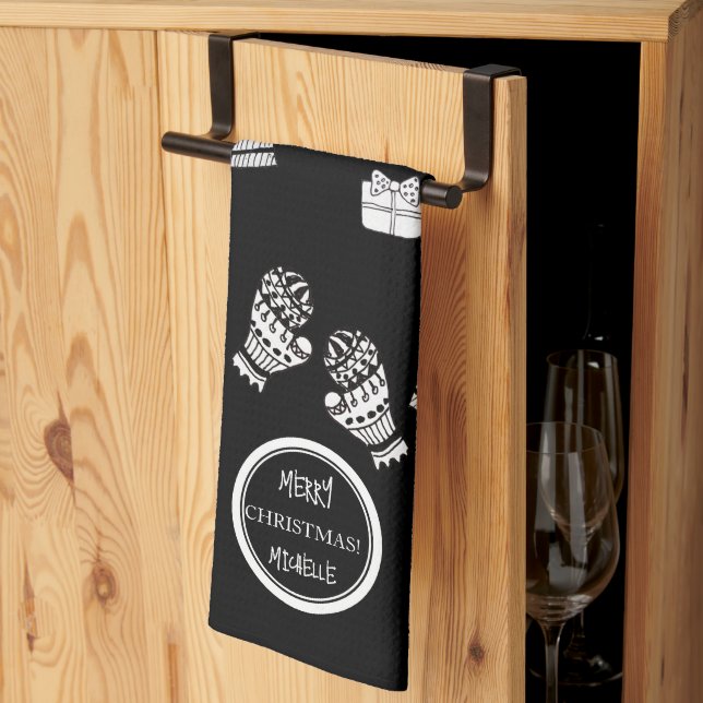 Moderne Weihnachts Schwarz/Weiß Personalisiert Geschirrtuch (Drittel gefaltet)