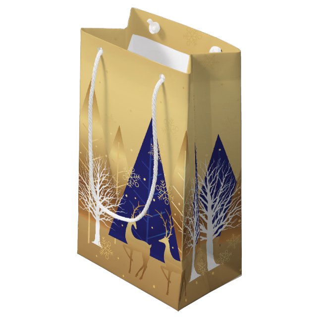 Moderne Weihnachts Winter Hirsche Szene Gold Blue Kleine Geschenktüte (Vorderseite Schrägansicht)