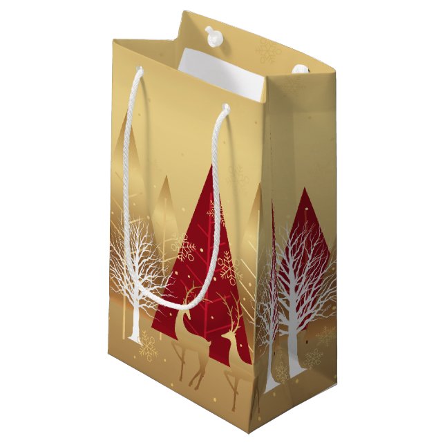 Moderne Weihnachts Winter Hirsche Szene Gold Red Kleine Geschenktüte (Vorderseite Schrägansicht)