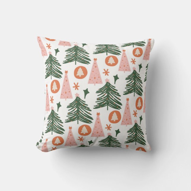 Moderne Weihnachtsbaum-Muster in Rosa und Grün für Kissen (Vorderseite)