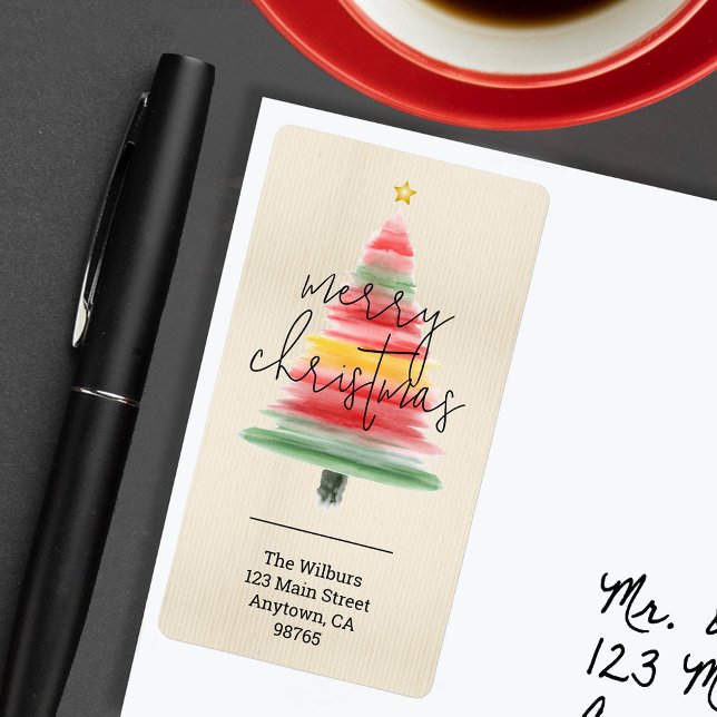 Moderne Weihnachtsbaum-Rücksendeadresse (Modern watercolor striped Christmas tree return address labels)