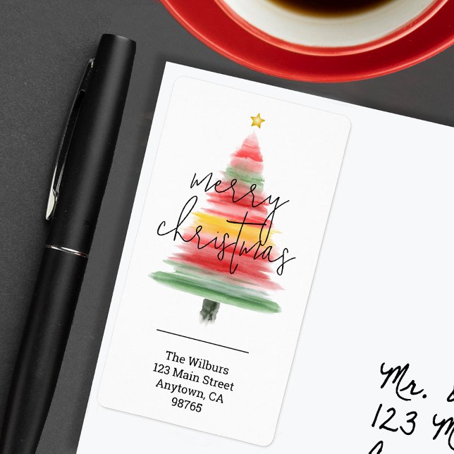 Moderne Weihnachtsbaum-Rücksendeadresse (Modern watercolor striped Christmas tree return address labels)