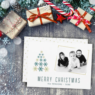 Moderne Weihnachtsbaum-Schneeflocken-Familienfoto Feiertagskarte