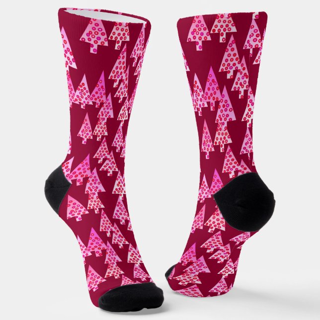 Moderne Weihnachtsbäume der Blume, Burgund & Pink Socken (Gewinkelt)