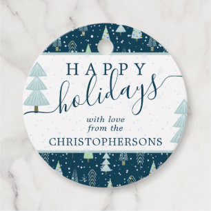 Moderne Weihnachtsbäume glückliche Ferien Script B Geschenkanhänger