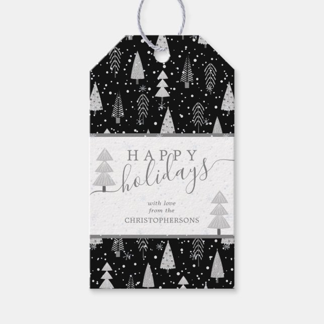 Moderne Weihnachtsbäume glückliche Ferien Script B Geschenkanhänger (Vorderseite)