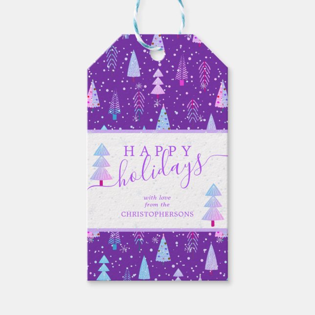 Moderne Weihnachtsbäume glückliche Ferien Script Geschenkanhänger (Vorderseite)