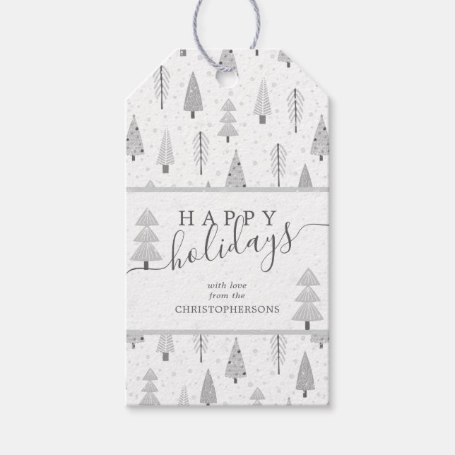 Moderne Weihnachtsbäume glückliche Ferien Script Geschenkanhänger (Vorderseite)