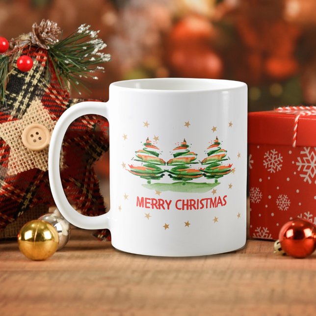 Moderne Weihnachtsbäume in Wasserfarbe - Frohe Wei Kaffeetasse (Von Creator hochgeladen)