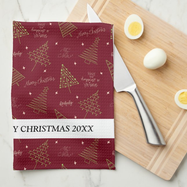 Moderne Weihnachtsbäume mit Familiennamen Geschirrtuch (Viertel Falte)