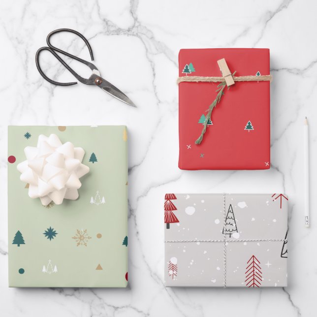 Moderne Weihnachtsbäume Rotes Olive Grünes Muster Geschenkpapier Set (Vorderseite)