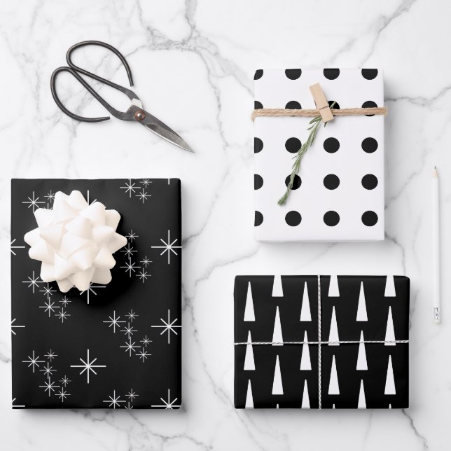 Moderne Weihnachtsbäume Schneeflocken Schwarz-weiß Geschenkpapier Set (Vorderseite)