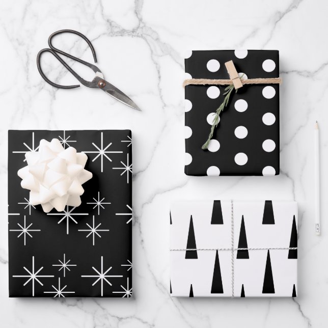 Moderne Weihnachtsbäume Schneeflocken Schwarz-weiß Geschenkpapier Set (Vorderseite)