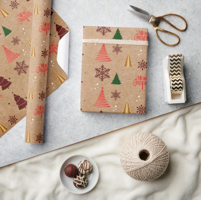 Moderne Weihnachtsbaume und Schneeflocken Geschenkpapier (Kunsthandwerk)